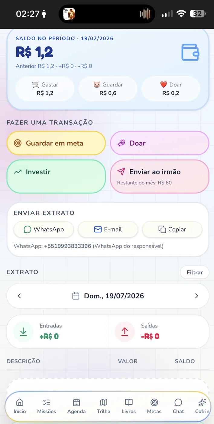 Tela do Banco com potes Gastar, Guardar e Doar
