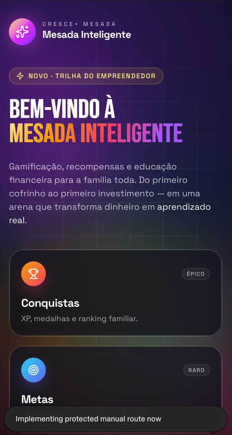 Tela inicial do Mesada com bem-vindo e cards de conquistas